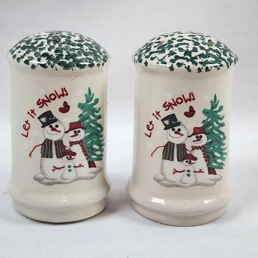 Let It Snow Snowman Ceramic Salt and Pepper Shaker Set Green Speckled Top